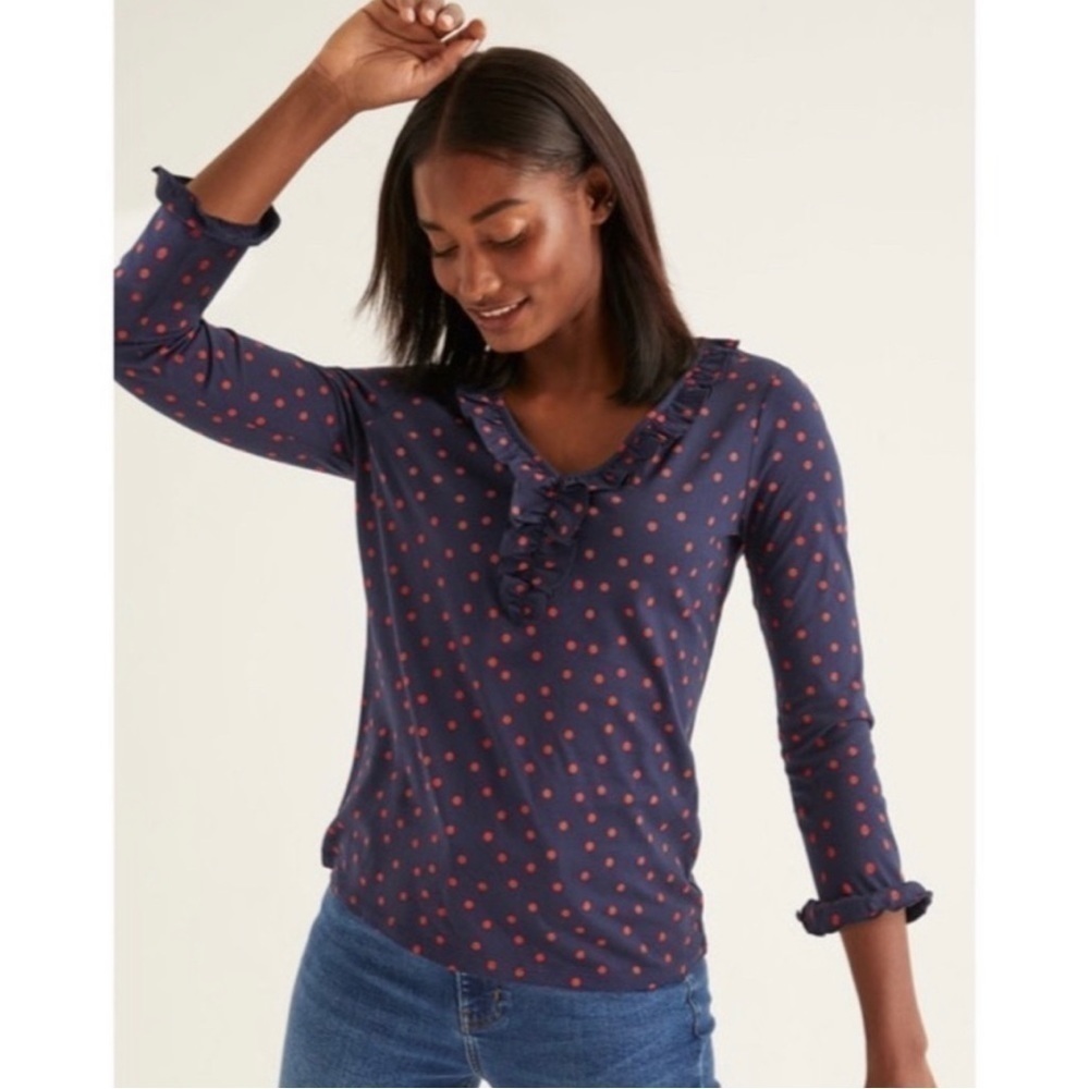 Boden Federica Jersey Top Blue Red Polka Dot 3/4 Sleeve Shirt